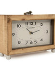 The Zentique Wooden Clock is a rectangular wooden table clock featuring a white face with black numbers and hands, standing on four small silver knob legs. The clock displays the time 10:13.