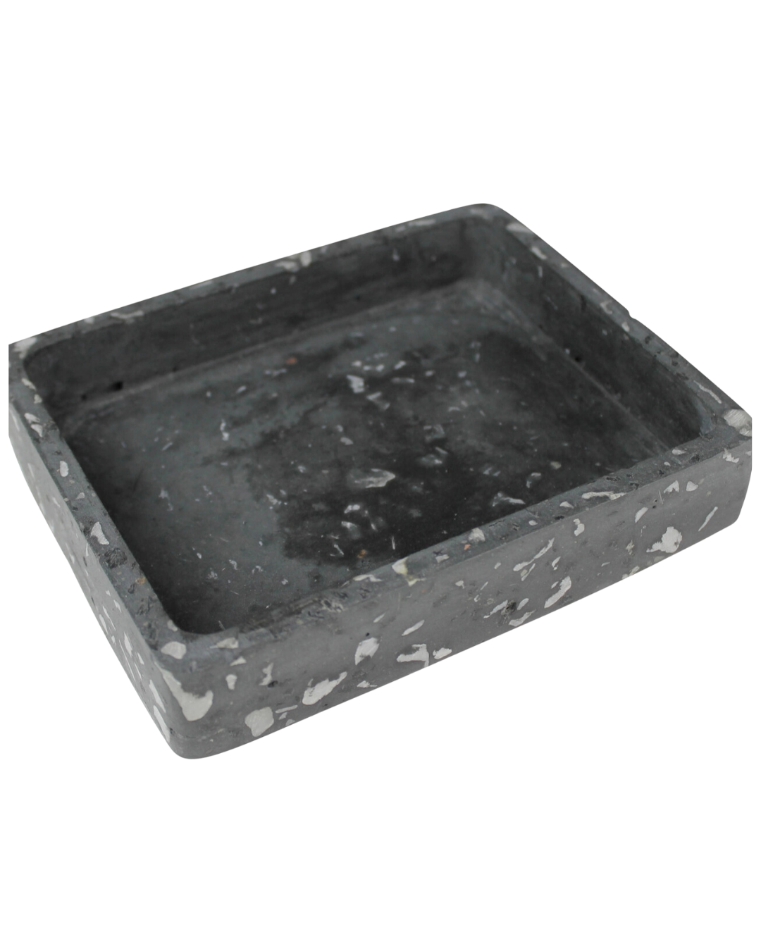 A worn black Terrazzo tray with chipped edges and visible signs of wear, isolated on a white background, reminiscent of a Scottsdale Arizona aesthetic. (HomArt)