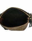A stylish brown Upcycled Belt Bag by Faire, made of leather with a gold zipper, partially open to reveal its empty black interior, adorned with a classic monogram pattern and finished with a leather tassel.