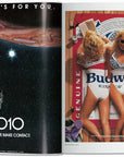 A two-page spread from All American Ads of the 80s (Ingram Book Company): A Budweiser-labeled spacecraft floats by a planet with "2010 THE YEAR WE MAKE CONTACT," opposite three women in swimsuits on a Budweiser towel—pure 1980s nostalgia.