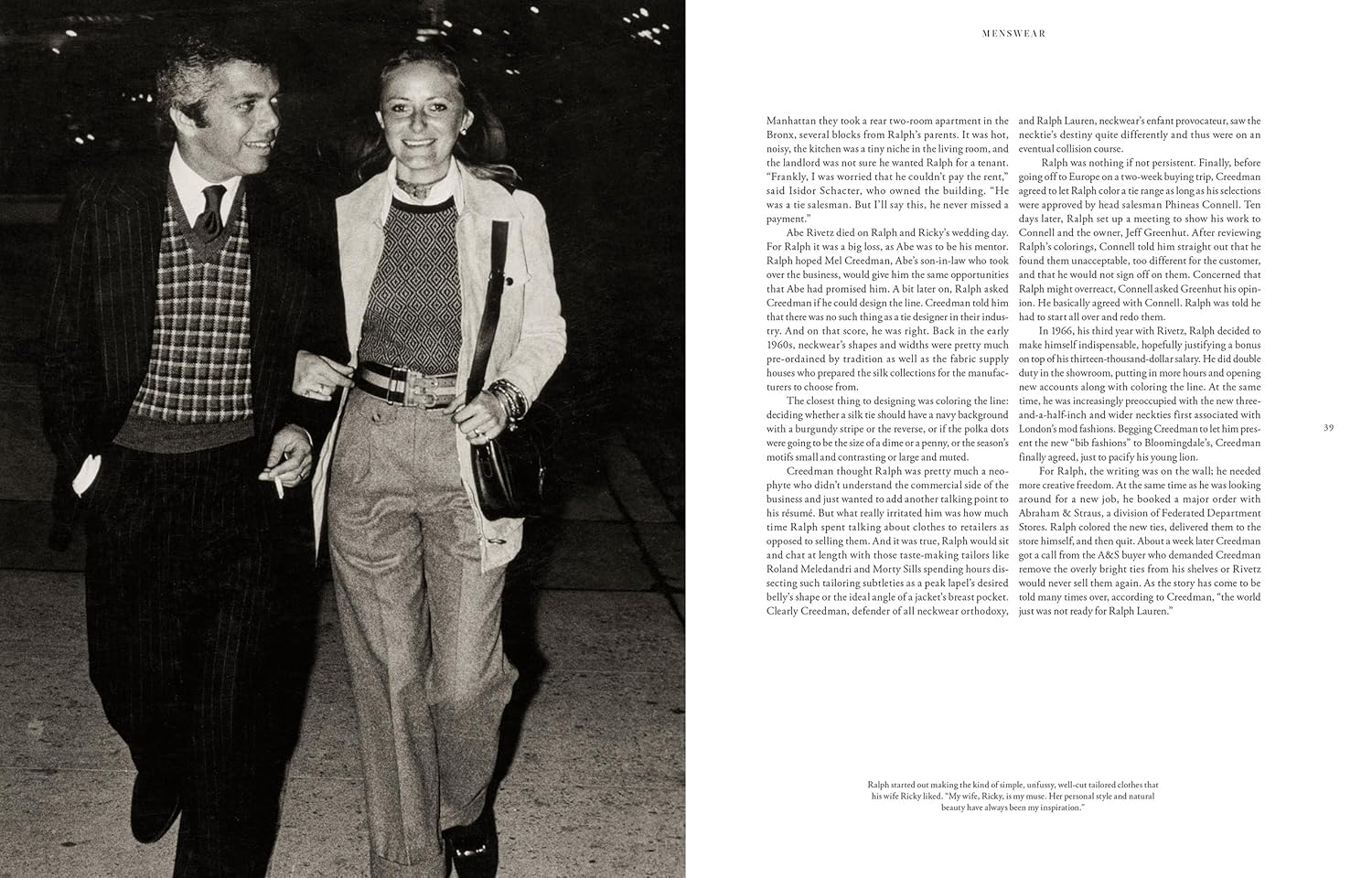 A black-and-white photo on a page of "Ralph Lauren In His Own Fashion" by Hachette Book Group shows a smiling man and woman walking arm in arm at night, with the opposite page featuring an article titled "Menswear.