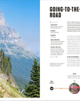 A scenic mountain road winds past rocky cliffs and evergreens, with a stone tunnel and majestic peaks under a blue sky. On the right, text highlights the Going-to-the-Sun Road from Road Trips USA by Random House.