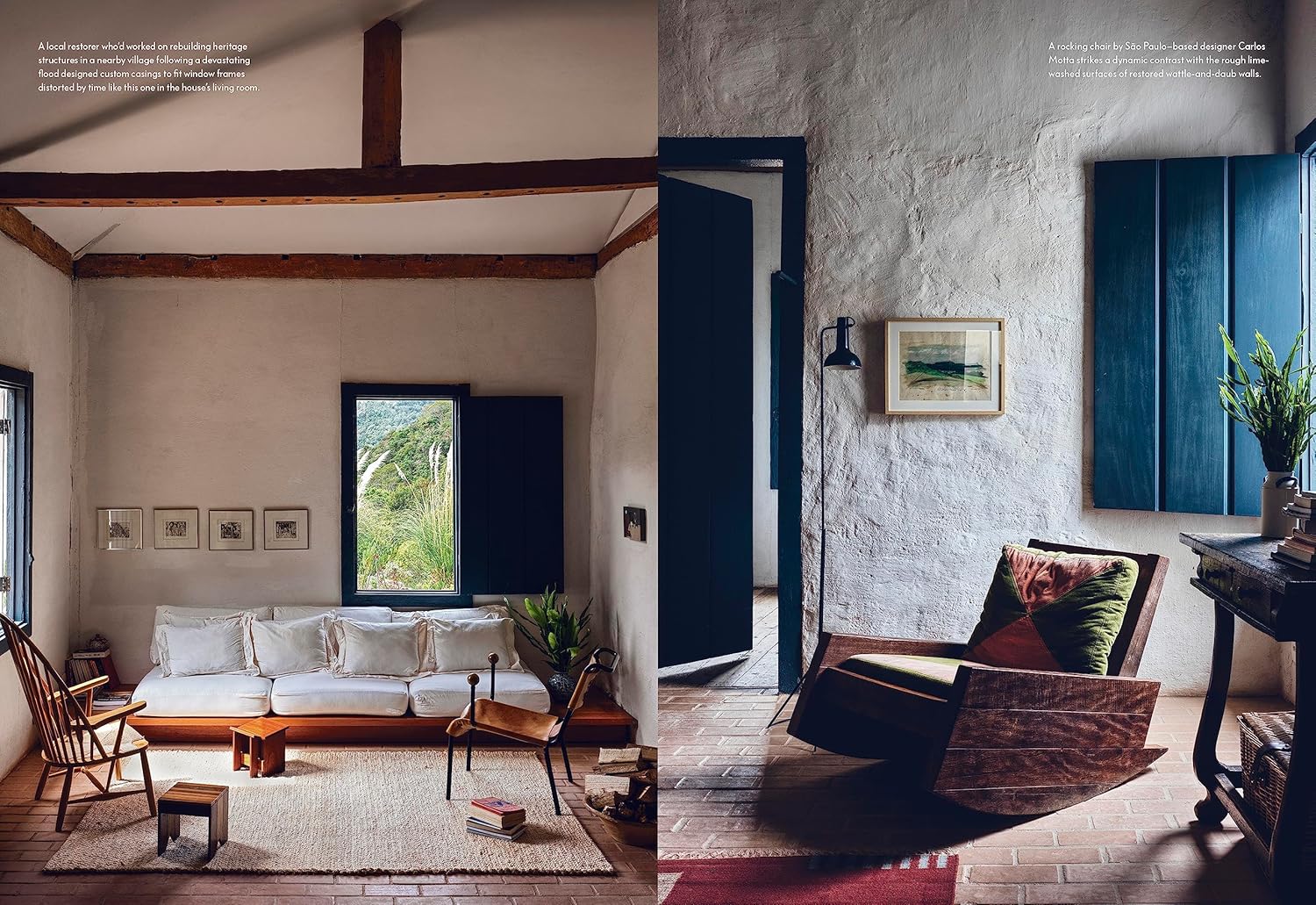 A cozy living room with rustic white walls, wooden beams, and a white sofa exudes charm inspired by Nina Freudenberger’s "Mountain House" from Random House, blending inviting design with scenic views reminiscent of mountain retreats.