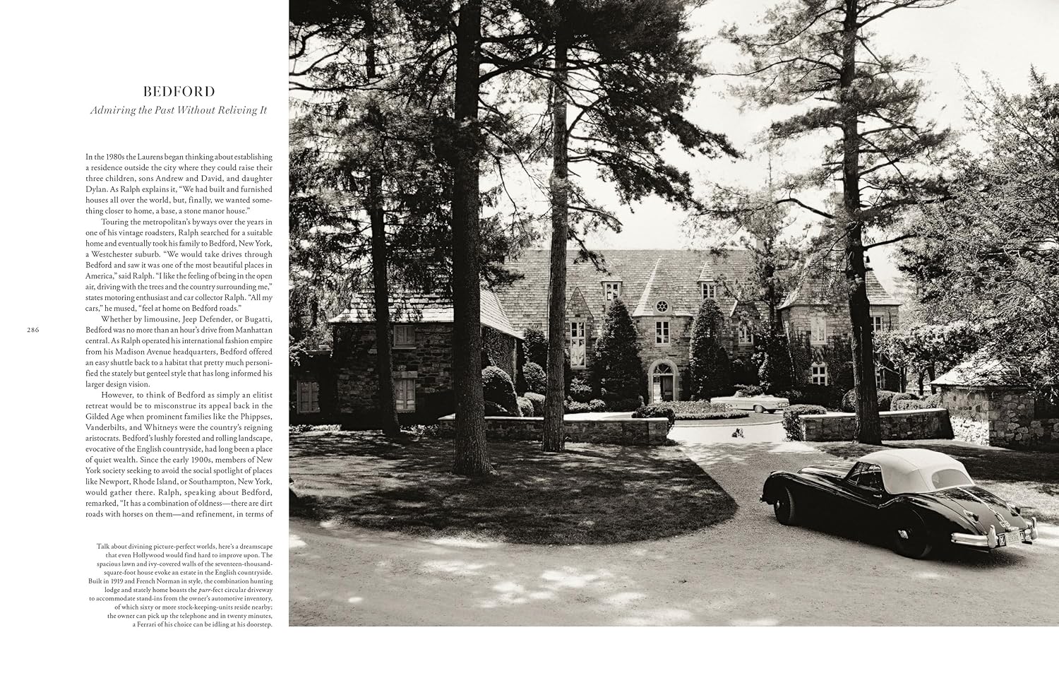 A black convertible sits before a grand stone mansion, evoking fashion book elegance. On the left, text introduces "Ralph Lauren In His Own Fashion" by Hachette Book Group in this timeless black-and-white scene.
