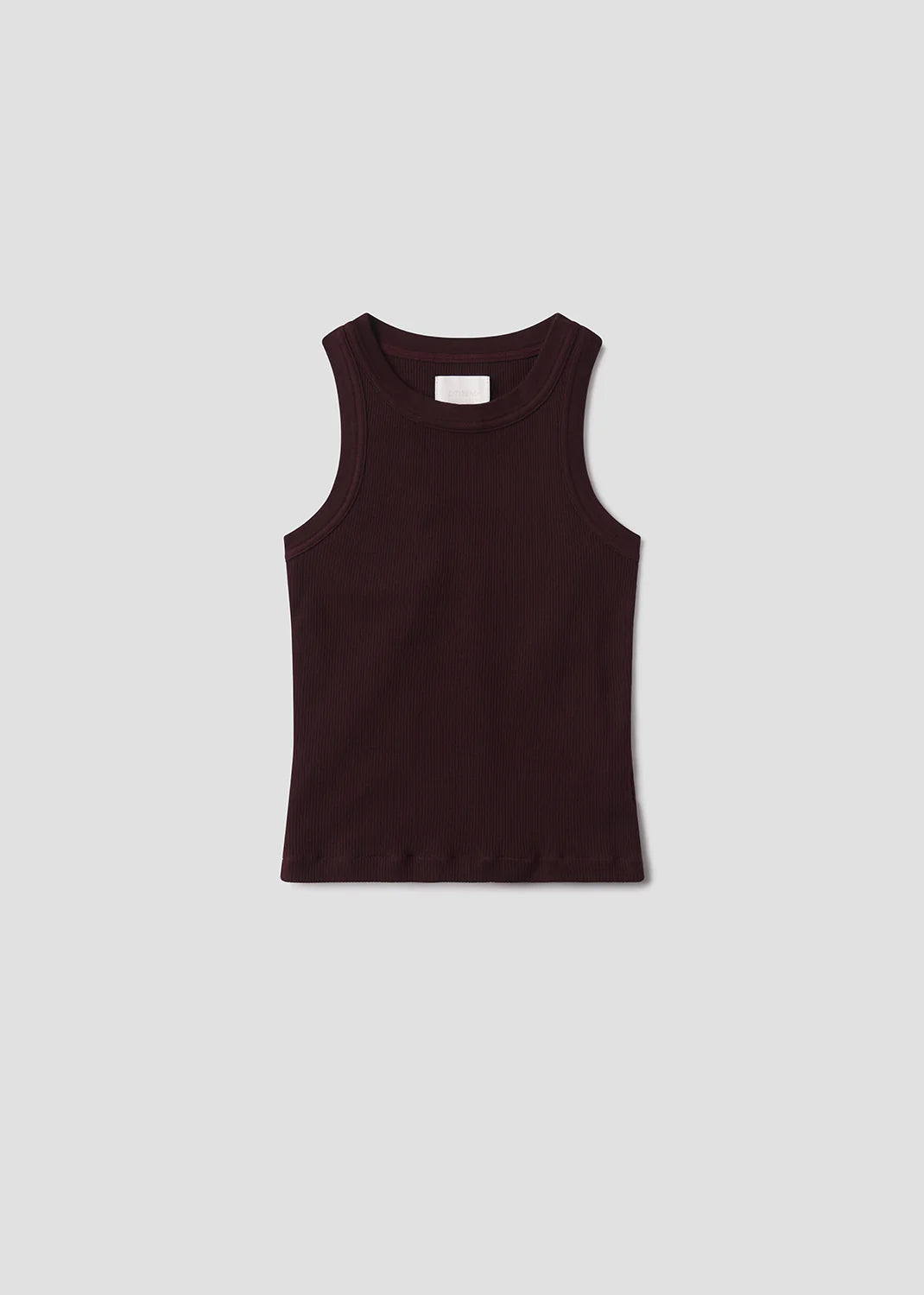The Isabel Rib Tank F25 by Citizens Of Humanity/AGOLDE—a sleeveless, supportive, dark brown ribbed cotton tank with a high neckline—is displayed flat against a light gray background.