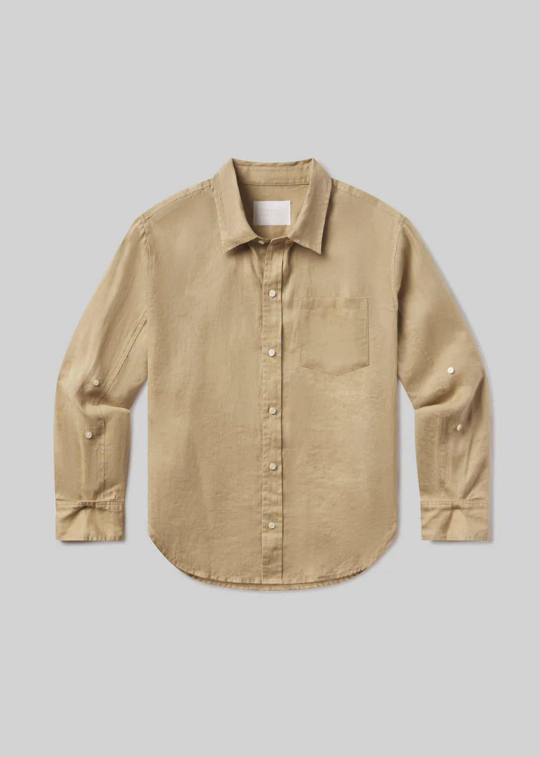 The Kayla Shirt F25 by Citizens Of Humanity/AGOLDE is a lightweight beige linen long-sleeve shirt with a single chest pocket, shown laid flat on a light gray background.