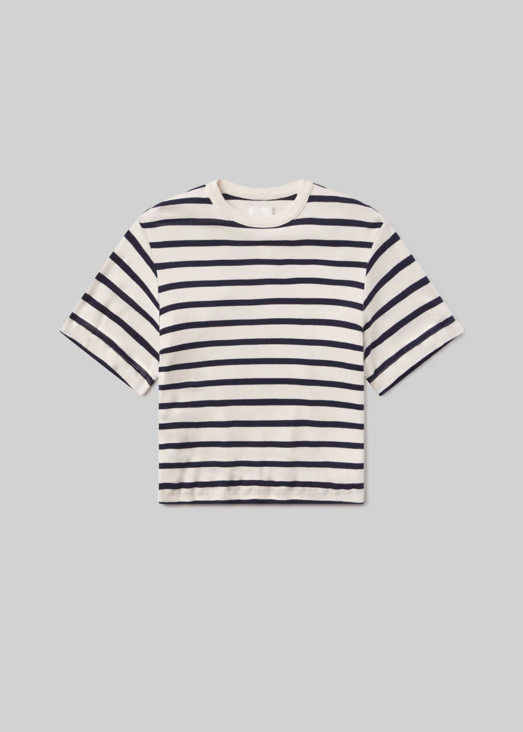 The Goldie Tee from Citizens Of Humanity/AGOLDE is a casual, oversized striped tee with black and white horizontal lines. Made from lightweight rib cotton, it features a crew neckline and is laid flat on a gray background.