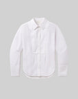 The Polina Shirt by Citizens Of Humanity/AGOLDE is a white, long-sleeve blouse with a tailored fit, classic collar, and pleated front. Made in India from a cotton silk blend, it features button closures and broad cuffs against a light gray background.