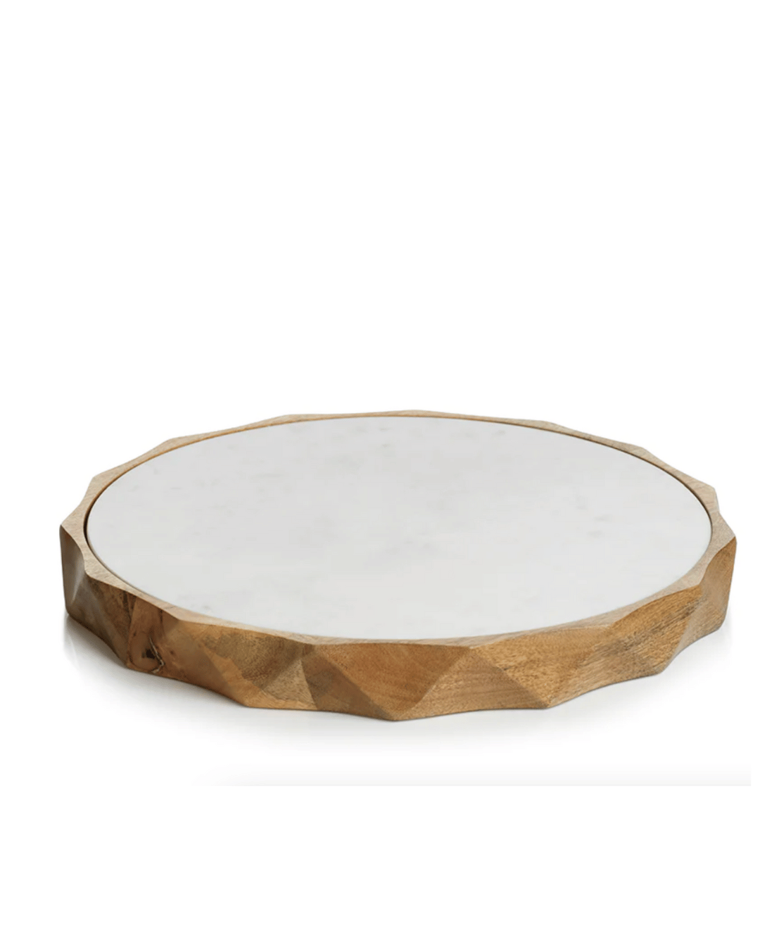 A Zodax marble board large made of wood with geometric patterns on the sides and a smooth white marble surface, perfect for a bungalow in Scottsdale, Arizona.