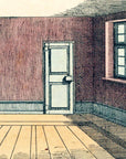 Colored illustration of an empty room with wooden floors, red walls, a white door, and sunlit windows—evoking the artistry found in the John Derian Picture Book by Hachette Book Group.
