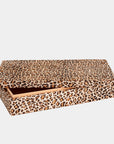 The Global Views Cheetah Box L features a bold cheetah print and a hinged lid, partially open to display its plain faux suede interior, set against a simple light background.