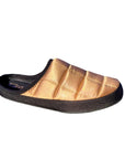 The Faire Coma Toes is a golden-brown, quilted slip-on lounge slipper with a black sole and trim, shown in a side view against a white background.