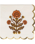 The My Mind's Eye Cocktail Paper Napkin is white with scalloped, gold-trimmed edges and an orange and brown floral design—ideal as festive holiday napkins for your summer BBQ.