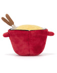 Jelly Cat Inc.'s Amuseables Cheese Fondue is a plush toy shaped like a red bowl with two handles, yellow textured top, and brown chopsticks—a fun Swiss-inspired soft toy with a fuzzy finish, perfect for themed dinner parties.