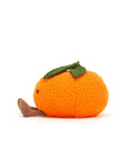 The Amuseables Clementine SM by Jelly Cat Inc. is a cute orange-shaped plush with a textured surface, green leaf, black eyes, and brown feet—ideal as a festive gift or for tucking into a Christmas stocking.