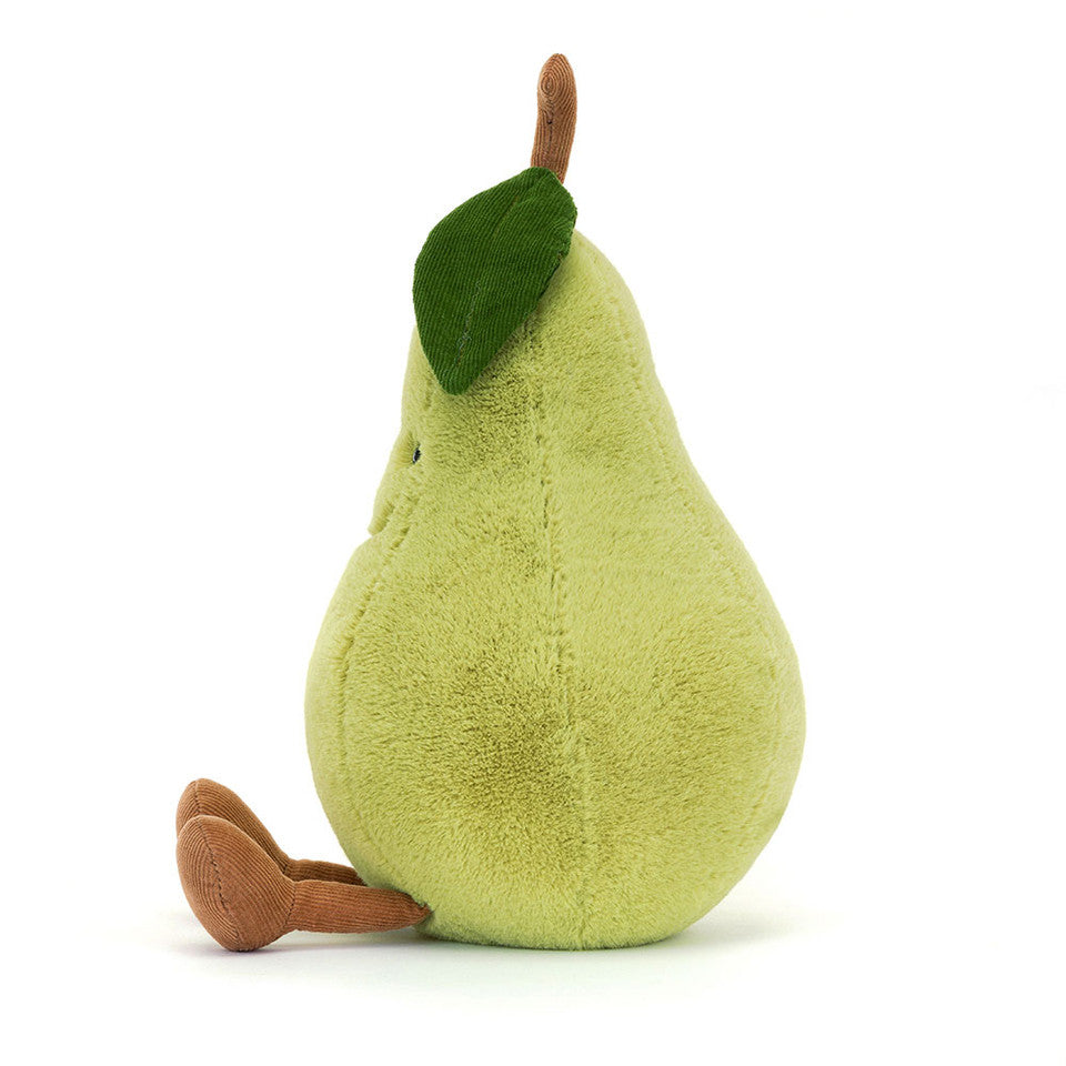 The Amuseables Pear by Jelly Cat Inc. is a plush toy with soft green fur, a brown stem, leaf, and small brown feet—perfect as a quirky kitchen mascot or cute décor.
