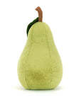 The Amuseables Pear by Jelly Cat Inc. is a plush toy with green fur, a brown stem, and a green leaf—perfect as a cute kitchen mascot, shown on a white background.