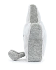 Side view of the Amuseables Silver Star plush by Jelly Cat Inc., featuring a soft white body, grey underside, and a small dangling grey leg. This cuddly star stands upright—perfect for climbing fans and plush toy collectors.