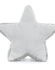 The Amuseables Silver Star by Jelly Cat Inc. is a soft, plush pillow shaped like a five-pointed star with light gray fabric and a darker gray outline—ideal for cozy nights or as a whimsical companion on any adventure.