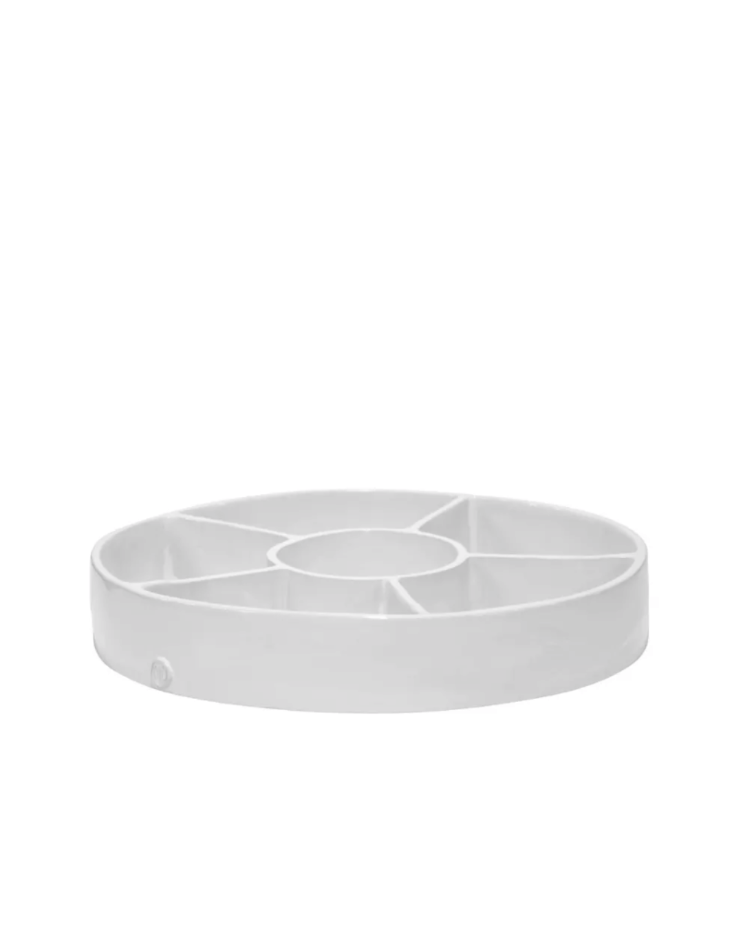 A white, circular plastic organizer tray with multiple compartments, isolated on a light gray background, boasting a Montes Doggett style.