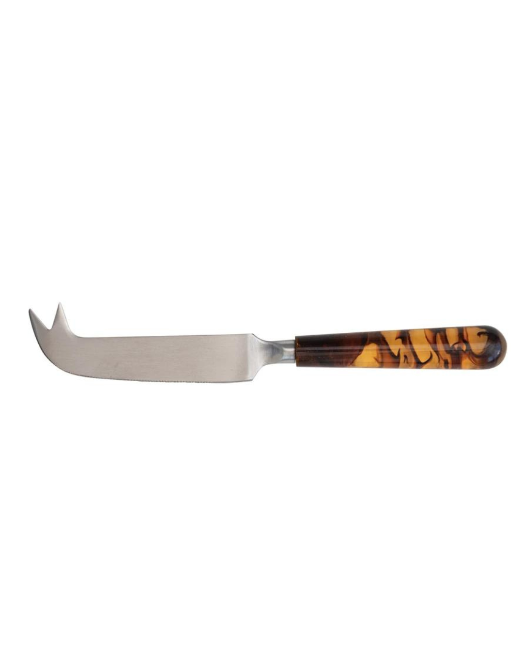 The Creative Co-op Stainless Steel Utensil Resin Handle features a curved, forked cheese knife blade with a tortoise shell resin handle, shown on a white background.