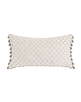 A rectangular beaded trim decorative pillow from Eastern Accents with a sequined white front and black tassel accents on the edges, set against a plain Arizona-style background.