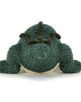 The Allexi Alligator by Jelly Cat Inc. is a plush green toy with textured fabric, shown from the back to display its tail and dark ridged spine—ideal for fans of meat-free Southern food—set against a white background.