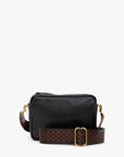 Clare Vivier's Crossbody Strap 26 is a small, black leather rectangular bag with gold zipper and hardware, featuring a wide brown checkered nylon strap with an adjustable gold buckle and brass snap hooks, shown on a plain white background.