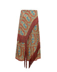 Blue and gold floral A-line midi skirt with amber fringe and red accents by Hunter Bell NYC, Allyne Skirt.