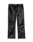 The Satin Wayne by The Great Inc.: shiny black satin slouchy-fit pants with relaxed, cropped legs, belt loops, front pockets, and a button closure, shown flat on a white background.