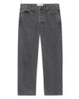 The Wayne Jean by The Great Inc. is a high-waisted, straight-leg gray jean made from 100% cotton denim, featuring five pockets, belt loops, and a button closure. Shown against a plain white background.