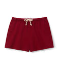 The Layla Terry Short by Perfectwhitetee, in red French terry cotton with an elastic waistband and white drawstring, is displayed flat on a white background.