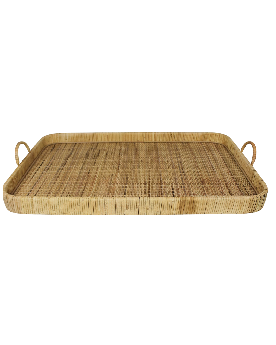 A rectangular woven rattan serving tray with built-in handles on each shorter side, displayed against a white background, perfect for a HomArt Cayman Grand Rattan Tray in a Scottsdale Arizona bungalow.