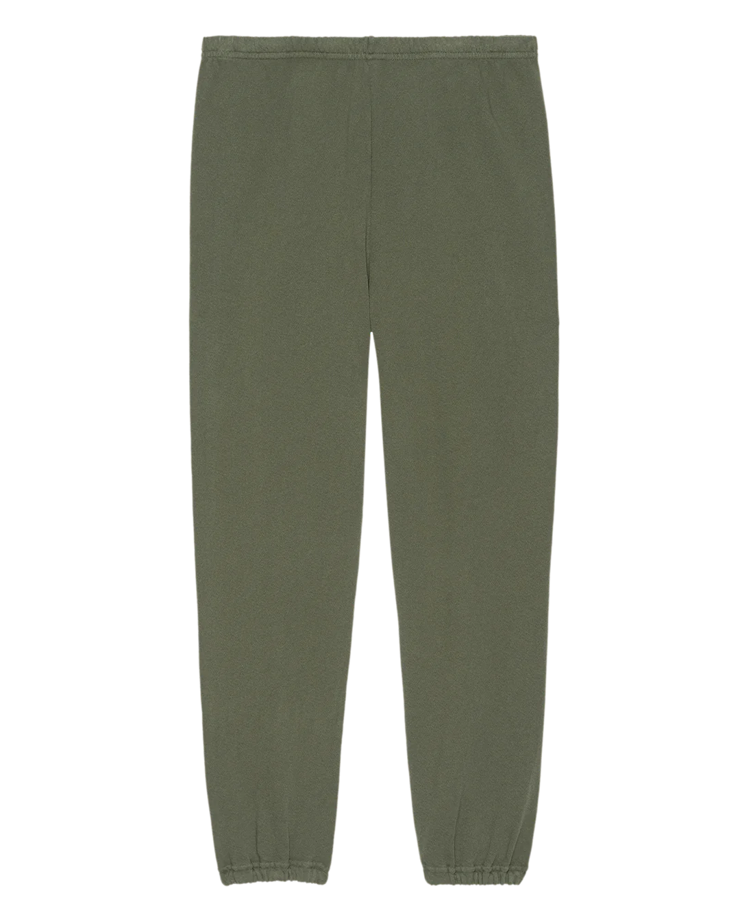 The Great Inc. Stadium Sweatpant in olive green features an elastic waistband and cuffs, inspired by vintage athletic wear, shown laid flat on a white background.