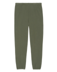 The Great Inc. Stadium Sweatpant in olive green features an elastic waistband and cuffs, inspired by vintage athletic wear, shown laid flat on a white background.