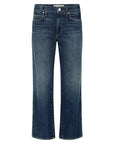 The Billie Pants by AMO Denim are blue premium rigid denim jeans with a high waist, front button and zip closure, five pockets, relaxed fit, cropped wide legs, and a faded, worn effect with light whiskering.