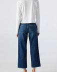 A person faces away from the camera, wearing a long-sleeved white top and AMO Denim Billie Pants—premium rigid denim cropped wide-leg jeans—with black shoes, set against a plain light background.