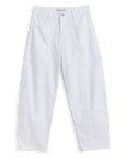 The Frank & Eileen Everyday Barrel Pant is a high-waisted, wide-leg white style in Italian Peached Twill with large joey pockets and a button closure, shown on a plain white background.