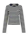 The Brigitte LS Tee by AMO Denim features a relaxed fit, navy and white horizontal stripes, long sleeves, crew neckline, chest pocket, and straight hem. Made in Los Angeles, this classic top offers timeless style.