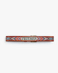 The Eye Opener by Mother is a colorful beaded leather belt with red, orange, blue, black, and white geometric patterns and "MOMINE" spelled in white beads at the center.