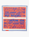 The Clare V Bandana by Clare Vivier is a 20x20 inch cotton scarf with overlapping vintage concert ticket prints in bright orange and blue on white, finished with a thin blue striped border. Made in India.