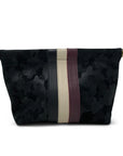 Kempton & Co. Makeup Bag: A black clutch with a subtle camouflage pattern and three vertical leather stripes—black, beige, and burgundy—down the center, inspired by a chic zip top make-up bag design.