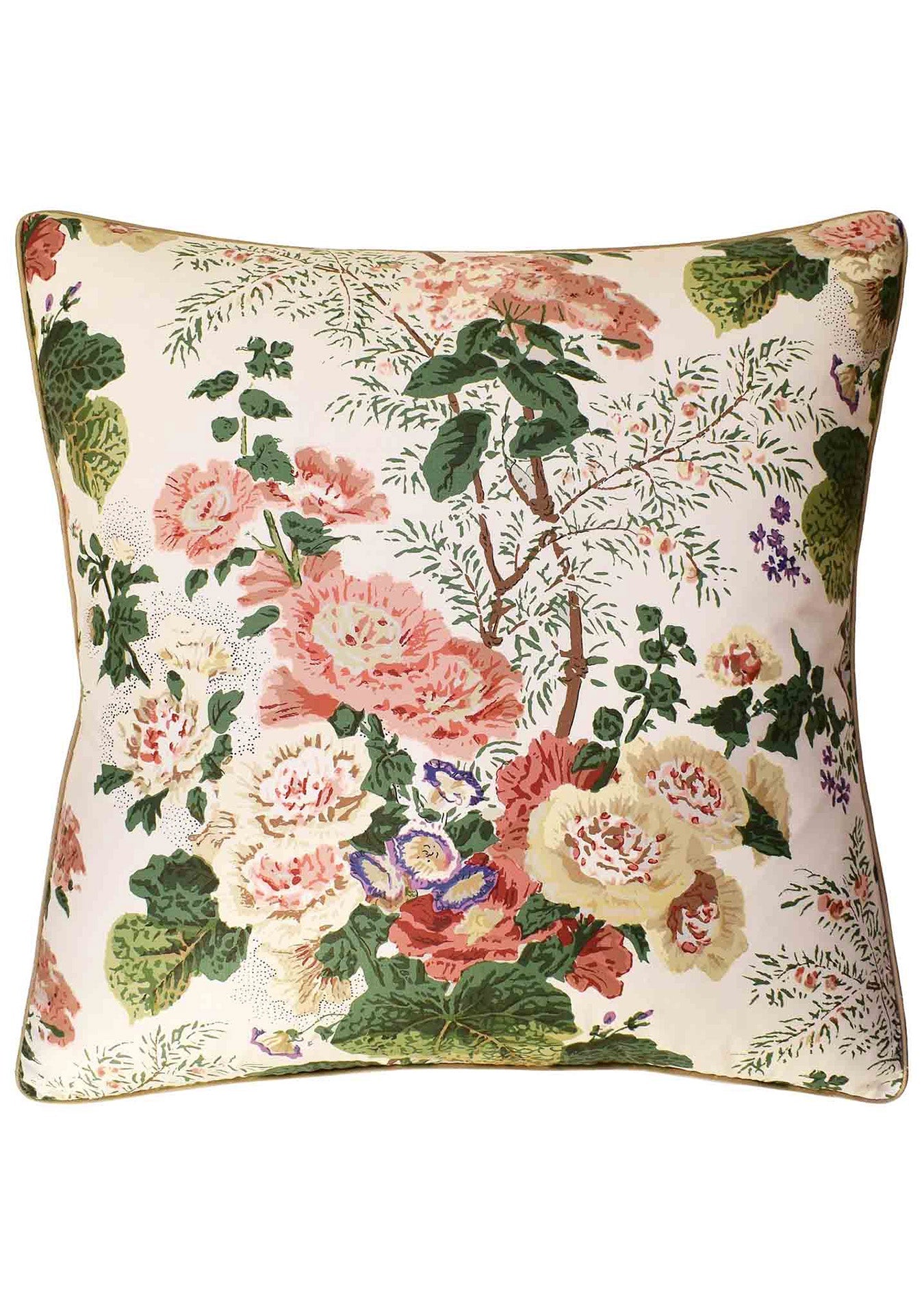 Decorative pillow featuring a floral pattern with large pink and white blooms, green foliage, and smaller purple flowers on an off-white background in Arizona-style.
Athea Blush Pillow 22 x 22 by Ryan Studio.
