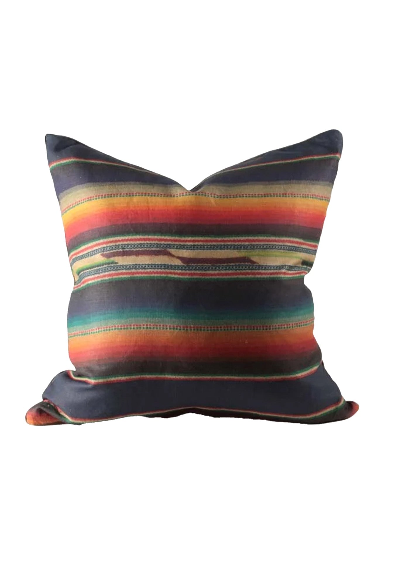 Decorative pillow with colorful horizontal stripes in various shades of red, blue, yellow, and green, isolated on a white background, perfect for Arizona-style home decor. The SW Multi Colored Serape 26 x 26 pillow from Design Legacy.