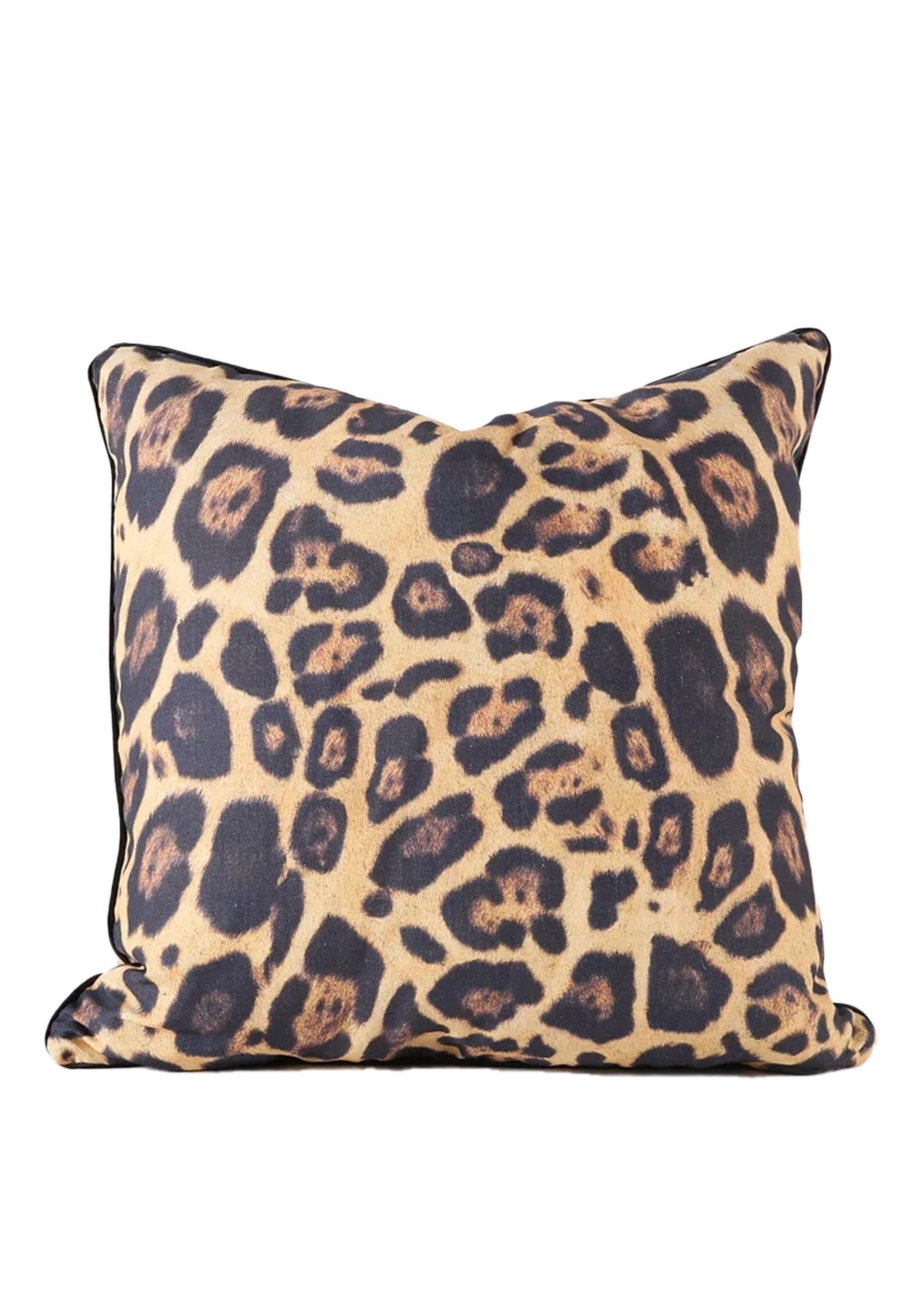 A decorative square Leopard Print with Black Cording 26x26 pillow in Arizona style, featuring shades of brown and black spots on a beige background, isolated against a white backdrop by Design Legacy.