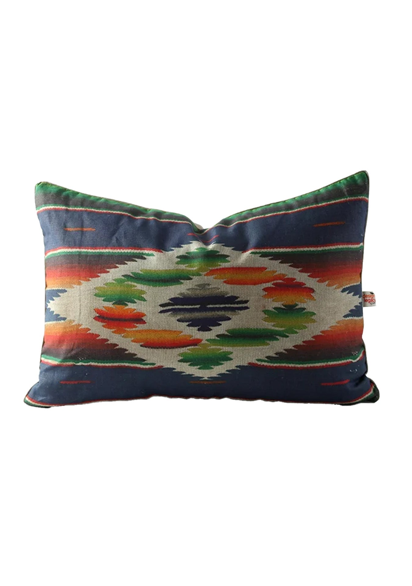 Colorful Southwestern Stripe with Diamond 17"x24" decorative pillow featuring vibrant geometric patterns in red, green, blue, and orange, with a bow-tie shape on a white background by Design Legacy.