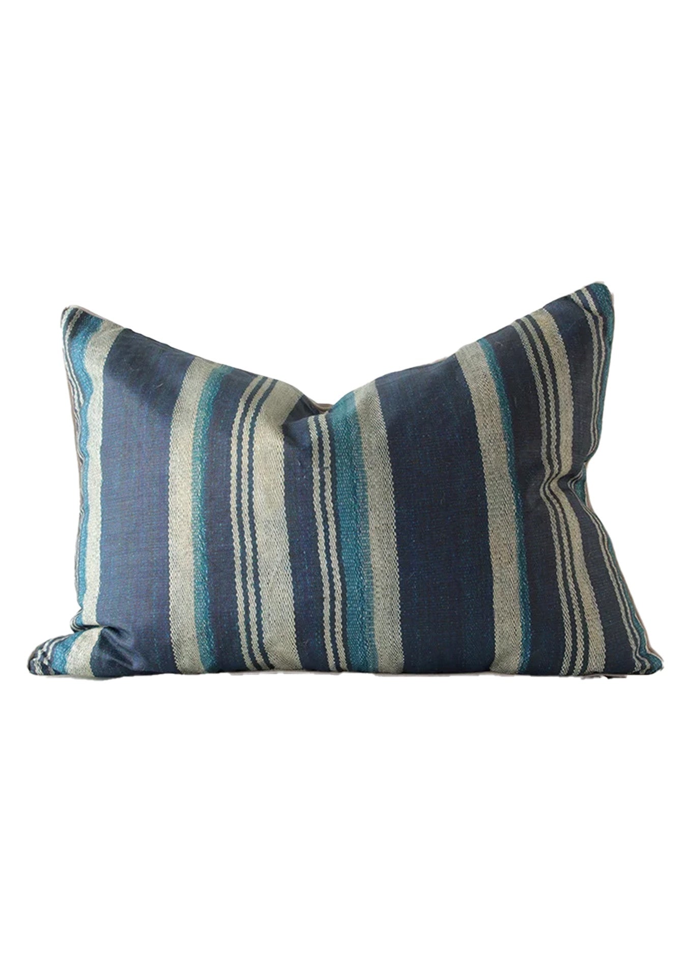 A rectangular throw pillow featuring Southwest Blue White Vertical Stripes in various shades of blue and gray, set against a white background, reminiscent of Arizona's serene style by Design Legacy.