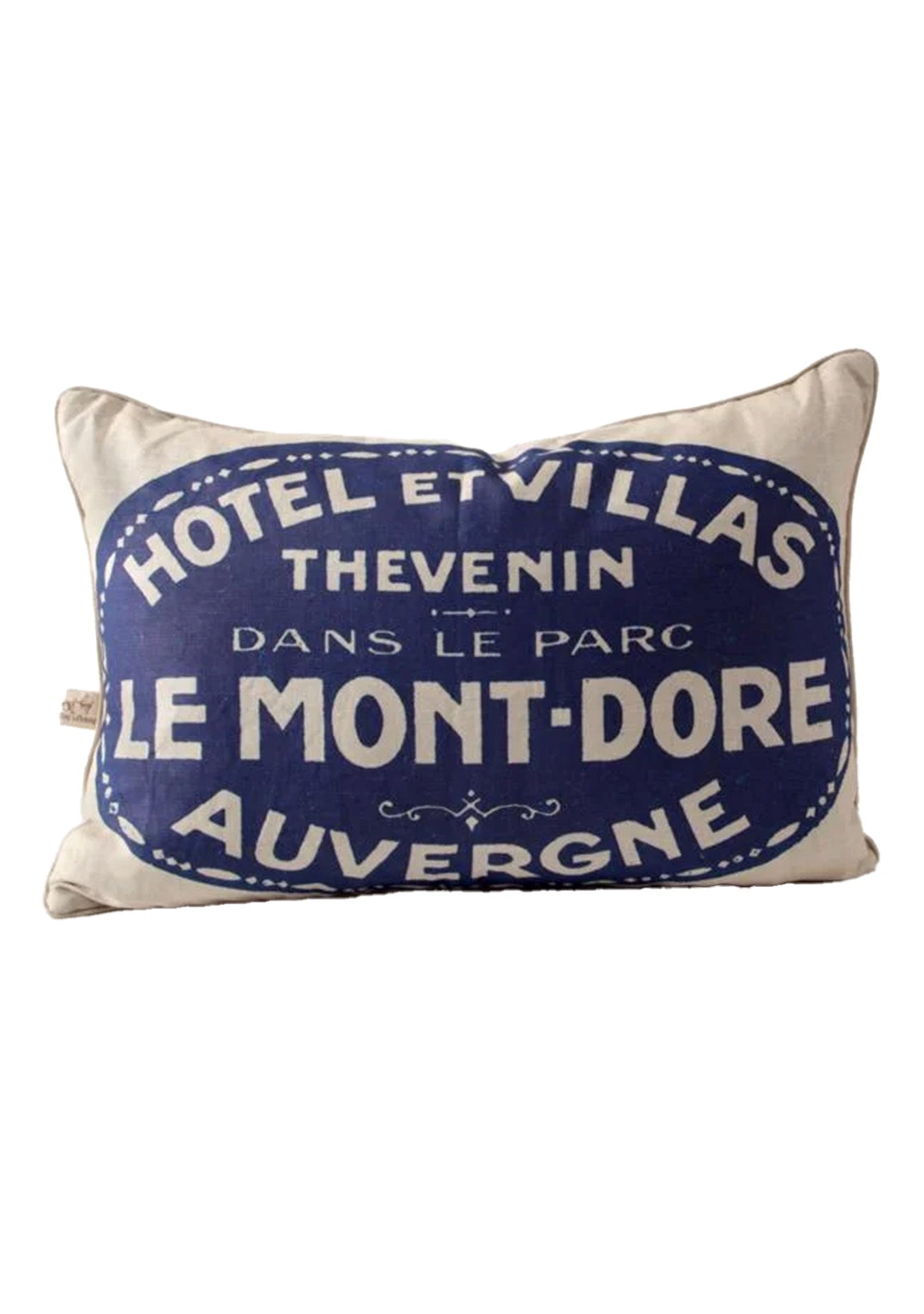 Decorative pillow with blue and white vintage design, featuring text "Hotel et Villas Thevenin Dans Le Parc Le Mont-Dore Auvergne," in a Bungalow style, by Design Legacy's Le Mont-Dore Auvergne Pillow 17x24.