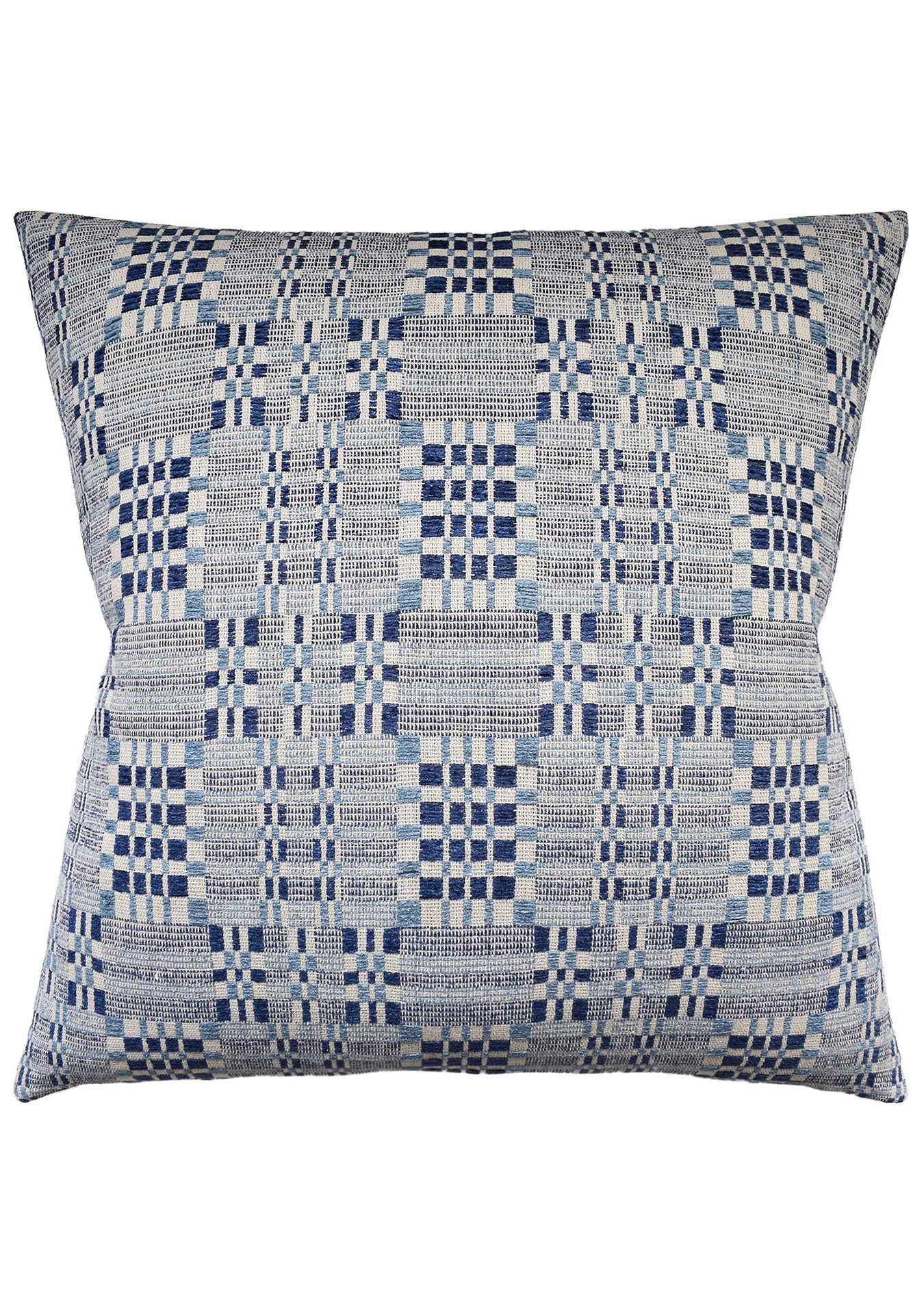 Decorative throw pillow featuring a geometric pattern in shades of blue and gray, inspired by the bungalow style of Scottsdale, Arizona. The design includes squares and rectangles arranged in a complex, woven look. The product is the Brim Indigo Pillow 22 x 22 from Ryan Studio.