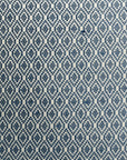 A close-up of a fabric with a repetitive geometric pattern in shades of blue and white.